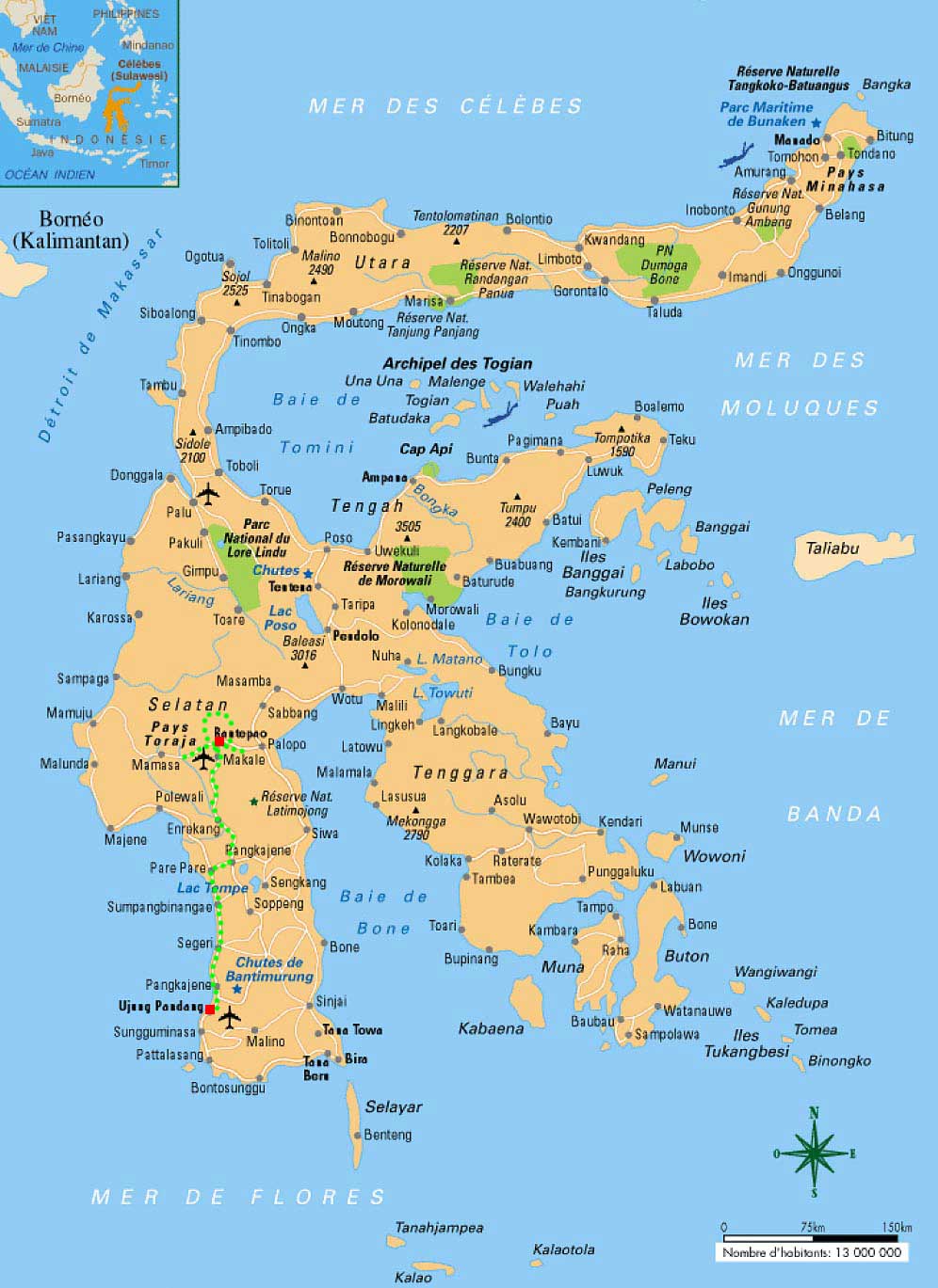 carte de notre parcours à Sulawesi